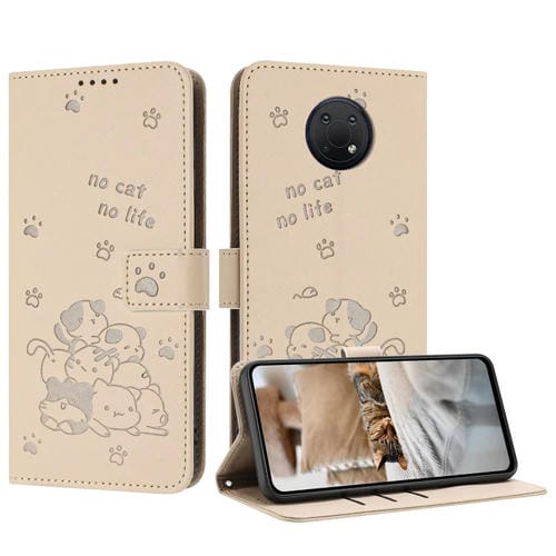 Funda de Piel para Nokia G10/G20/G300 con Diseño de Gatito en Relieve y Cordón (Beige)