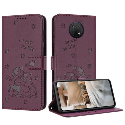 Funda de Piel para Nokia G10/G20/G300 con Diseño de Gatito en Relieve y Cordón (Rojo Vino)