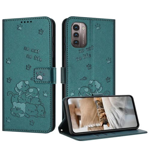 Funda de Piel con Diseño de Gatito en Relieve y Cordón para Nokia G11/G21 (Verde Oscuro)
