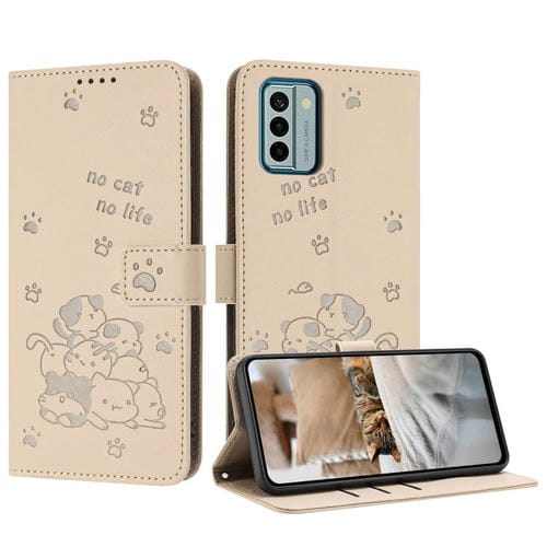 Funda de Cuero para Nokia G22 con Diseño de Gatito en Relieve y Cordón (Beige)