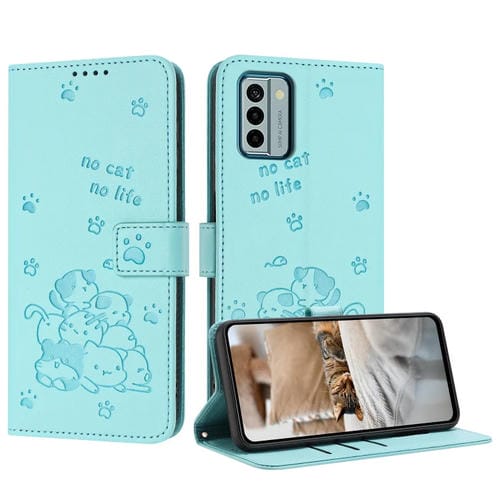 Funda de Piel para Nokia G22 con Diseño de Gatito En Relieve y Cordón (Verde Menta)
