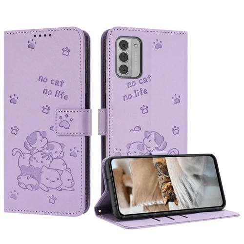 Funda de Cuero para Nokia G42 5G con Diseño de Gatito En Relieve y Cordón (Morado)