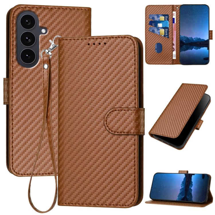 Funda de cuero con hebilla de fibra de carbono y cordón para Samsung Galaxy S25 FE 5G YX0070 (café)