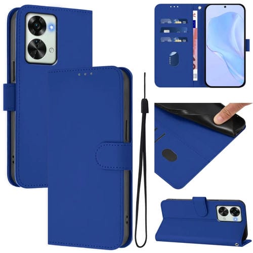 Funda de Piel para OnePlus Nord 2T con Textura Liso y Cordón (Azul Oscuro)