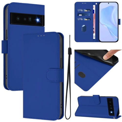 Funda de Cuero con Cordón para Google Pixel 6 Pro (Azul Oscuro) Diseño de Piel Liso