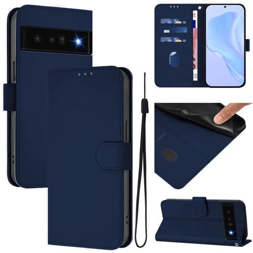 Funda de Cuero con Cordón para Google Pixel 6 Pro (Azul Marino) Diseño Liso y Tacto Agradable