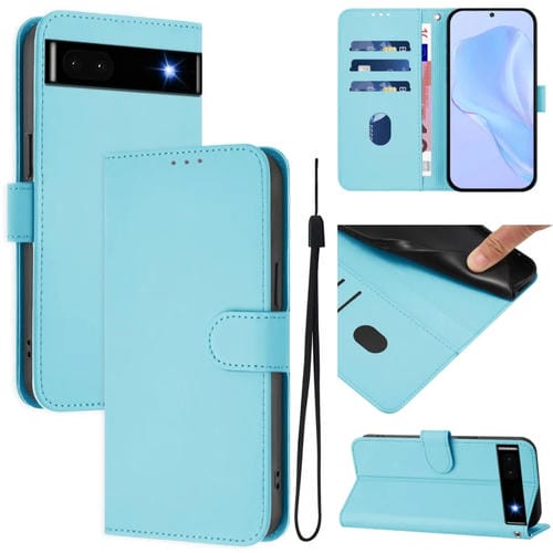 Funda de Piel para Google Pixel 6A con Cordón (Azul Cielo) Tacto Suave Color Liso