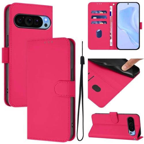 Funda de Cuero con Cordón para Google Pixel 9 Pro XL (Rosa Rojo)