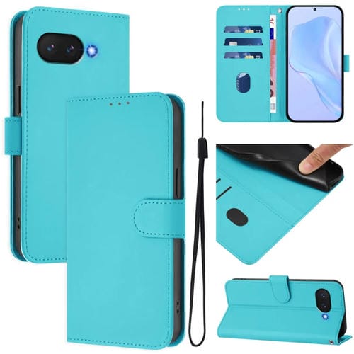 Funda de Piel con Cordón para Google Pixel 9A (Azul Lago) Diseño Liso y Tacto Agradable
