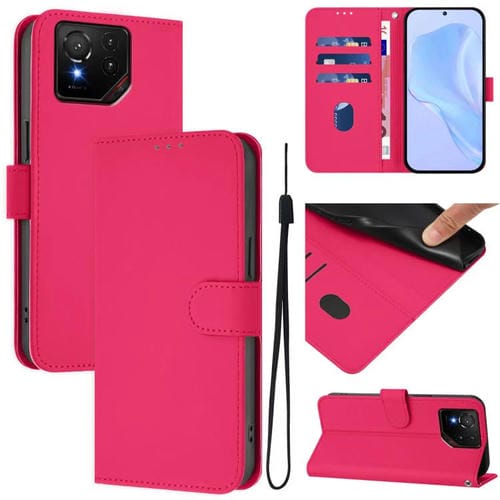 Funda de Cuero con Textura de Piel y Cordón para Asus Rog Phone 9/9 Pro (Rojo Rosa)