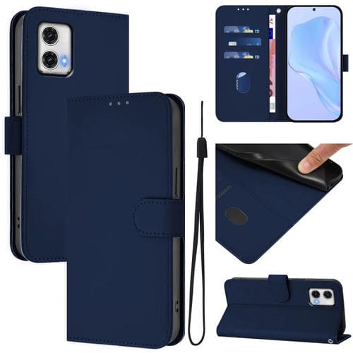 Funda de Piel con Cordón para Motorola Moto G73 5G con Tacto de Piel (Azul Marino)