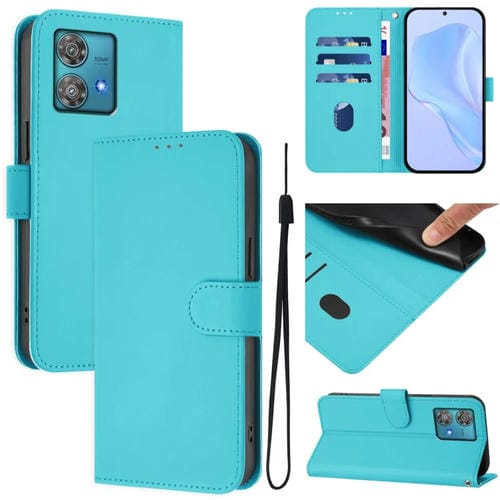 Funda de Piel con Cordón para Motorola Edge 40 Neo 5G con Tacto de Piel (Azul Lago)