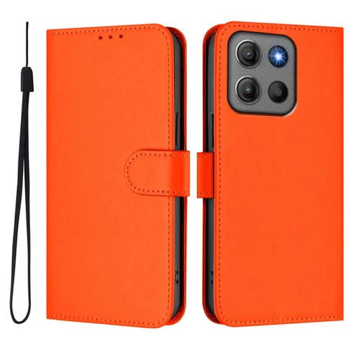 Funda de cuero con textura de piel y cordón para Motorola Moto G15 Power (naranja)