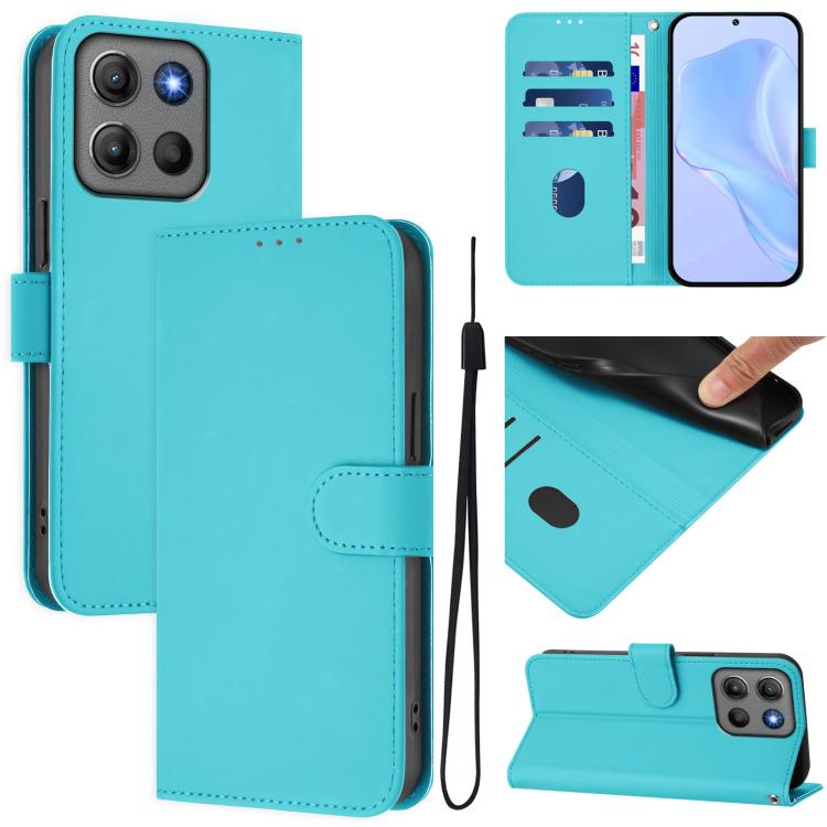 Funda de cuero con textura de piel y cordón para Motorola Moto G15 Power (azul lago)