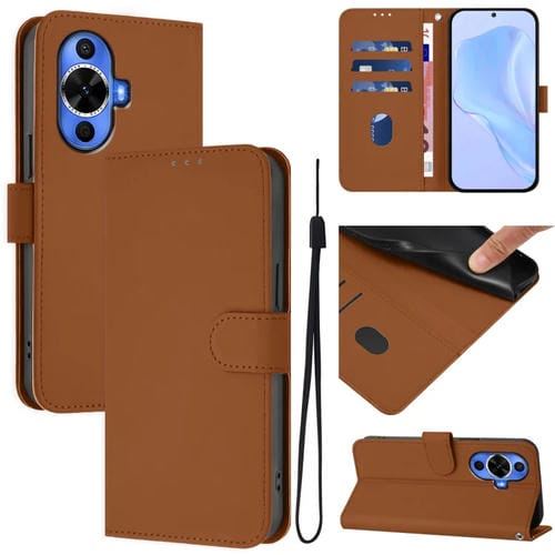 Funda de Piel para Huawei Nova 12S 4G con Textura y Cordón (Marrón)