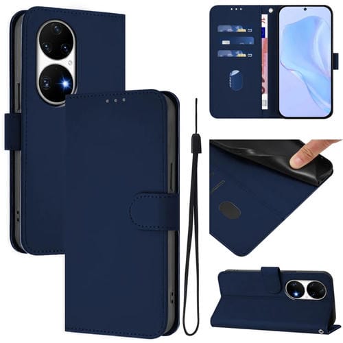 Funda de Piel para Huawei P50 Pro con Textura y Cordón (Azul Marino)