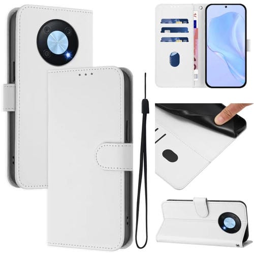 Funda de Piel Sintética con Cordón para Huawei Enjoy 50 Pro 4G y Nova Y90 (Blanco)