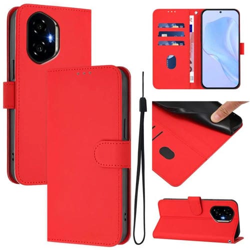 Funda de Cuero con Textura de Piel y Cordón para Honor 300 (Roja)
