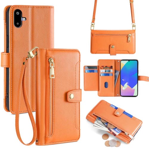 Funda de cuero tipo cartera con cremallera y textura de oveja para Samsung Galaxy F06 5G (naranja)