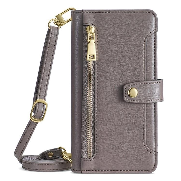 Funda de cuero tipo cartera con cremallera y textura de oveja para Samsung Galaxy F06 5G (gris)