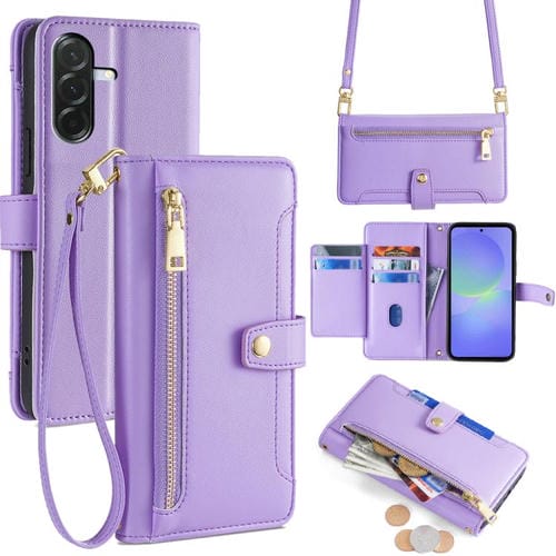 Funda de cuero tipo cartera con cremallera y textura de oveja para Samsung Galaxy A36 5G (morado)