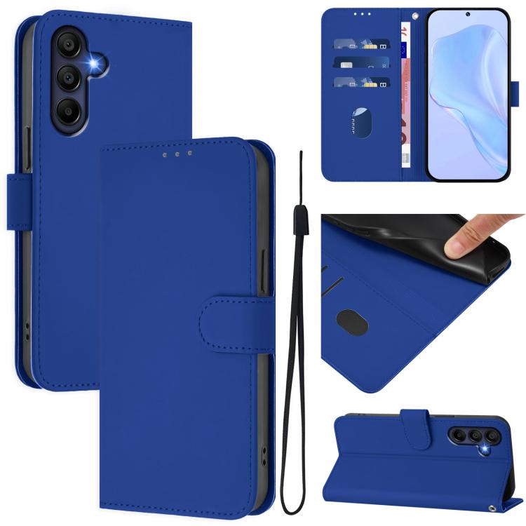 Funda de piel con textura de color liso y cordón para Samsung Galaxy A17 5G (azul oscuro)