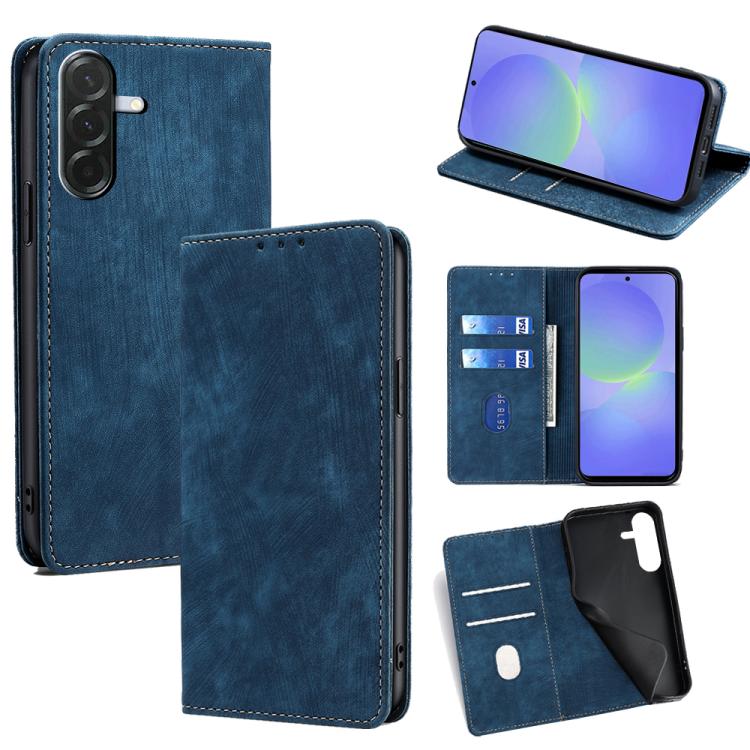 Funda de cuero magnética con cepillo antirrobo RFID para Samsung Galaxy A36 5G (azul)