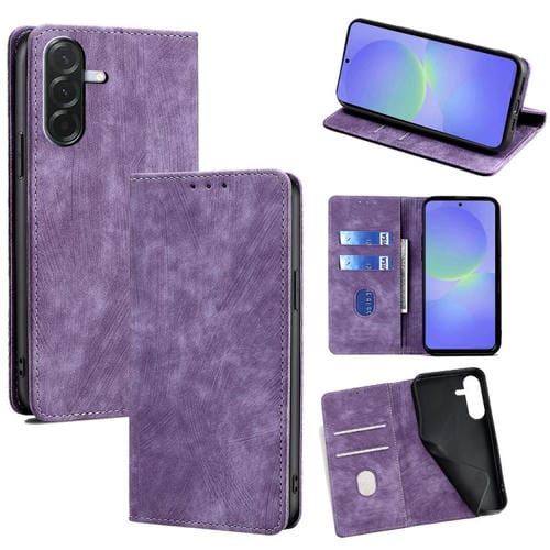 Funda de cuero magnética con cepillo y antirrobo RFID para Samsung Galaxy A36 5G (morado)