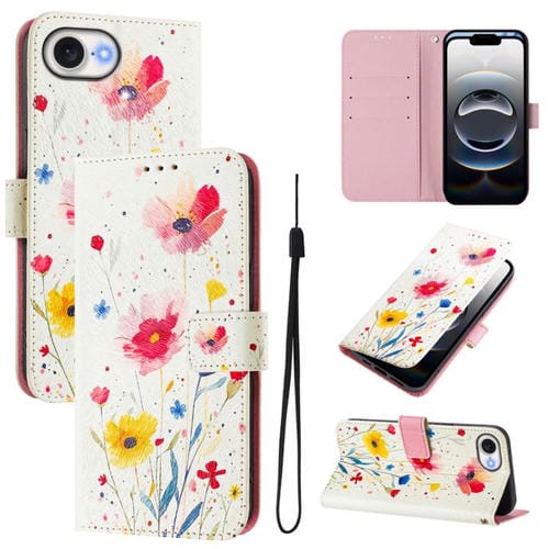 Funda de Cuero para iPhone 16E Diseño de Dibujos Artísticos Flores y Plantas (Color)