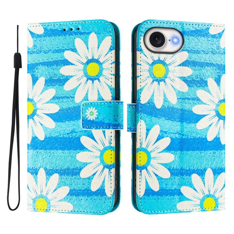 Funda de Cuero para iPhone 16E Diseño Dibujo Artístico (Margarita Azul)