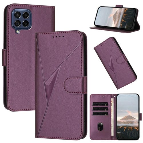 Funda Cuero Samsung Galaxy M53 Cierre Hebilla Diseño Triángulos (Morado Oscuro)