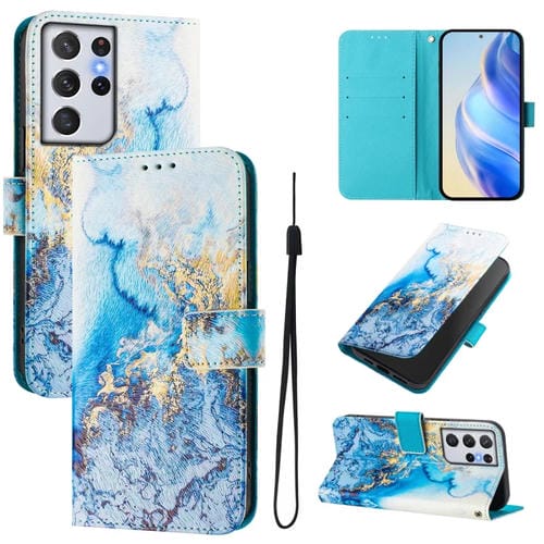 Funda de Cuero para Teléfono Samsung Galaxy S21 Ultra 5G con Patrón Dibujo Artístico (Mármol Oceánico)