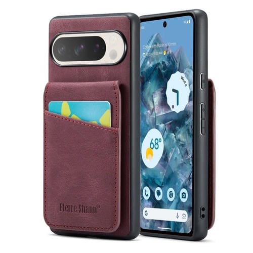 Funda Trasera PU Fierre Shann Crazy Horse con Tarjetero para Google Pixel 9/9 Pro (Rojo Vino)