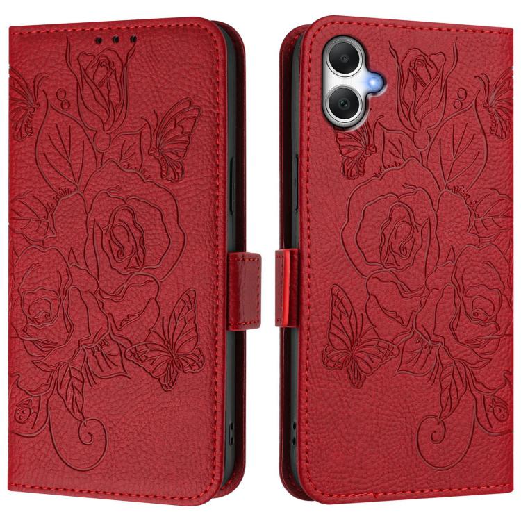 Funda de cuero antirrobo RFID con relieve rosa para Samsung Galaxy A07 4G (roja)