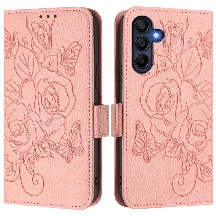 Funda de cuero antirrobo RFID con relieve rosa para Samsung Galaxy A17 4G (rosa)