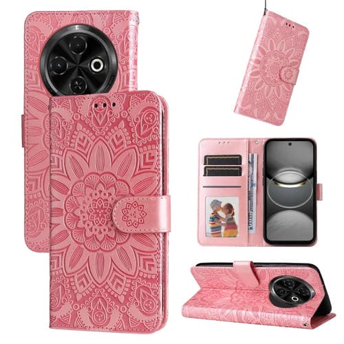 Funda de Piel para Tecno Spark 30C Estampado Girasoles En Relieve (Rosa)