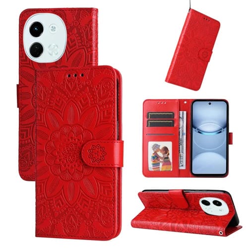 Funda de Piel con Relieve de Girasol para Tecno Spark 30 5G y Pova 6 Neo 5G (Roja)