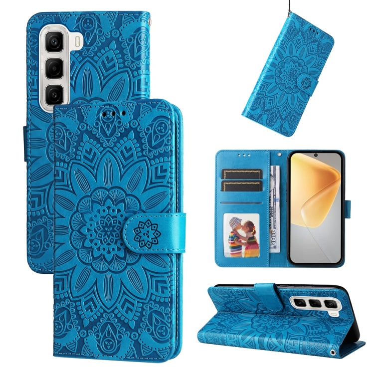 Funda de Piel con Estampado de Girasoles en Relieve para Infinix Hot 50 4G (Azul)
