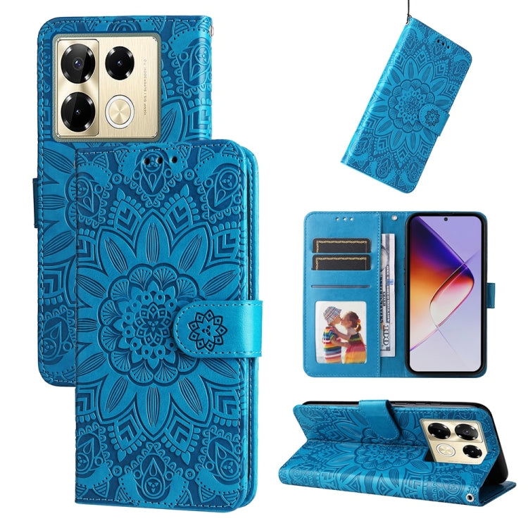 Funda de Cuero con Estampado de Girasoles en Relieve para Infinix Note 40 Pro 4G/5G/Pro+ (Azul)