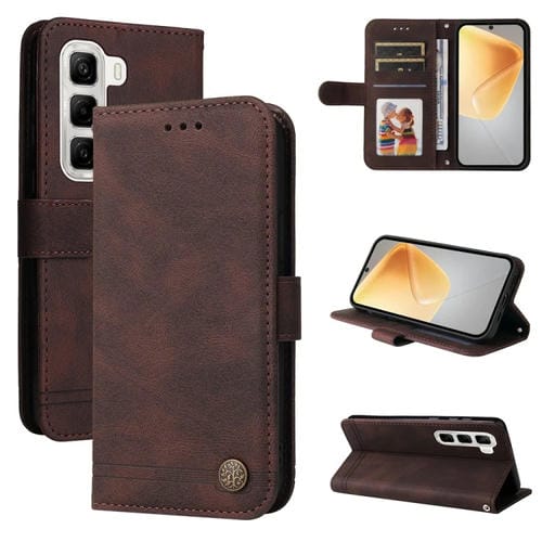 Funda de Cuero con Botones de Metal y Diseño Árbol de la Vida para Infinix Hot 50 4G (Marrón)