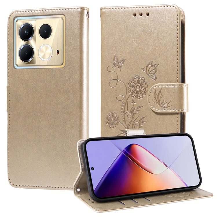 Funda de Cuero para Infinix Note 40 5G con Diseño de Mariposas y Flores en Relieve (Dorada)