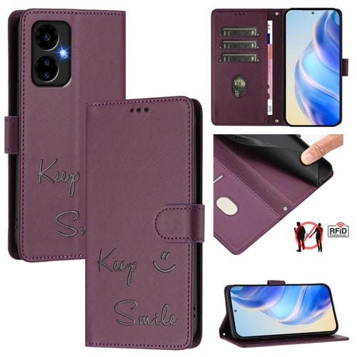 Funda de Cuero Rfid con Relieve Sonriente para Teléfono Boost Mobile Celero 5G (2024) (Violeta)