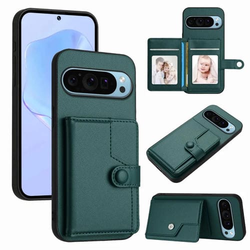 Funda para Teléfono Antirrobo con Botón y Tarjetero Rfid para Google Pixel 9 Pro (Verde)