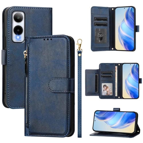 Funda de Cuero para Cricket Icon 6 con Cremallera y Ranuras para Tarjetas (Azul)