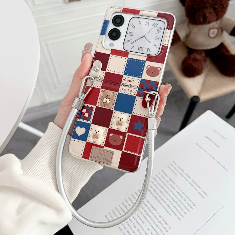 Funda para Huawei Nova Flip con Diseño Osito Enrejado y Correa para Muñeca (Plateada)
