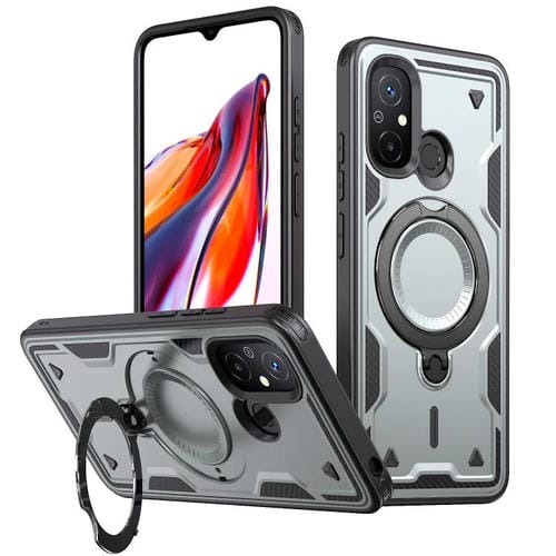 Funda híbrida de TPU con soporte de anillo MagSafe para Redmi 12C 4G (gris)