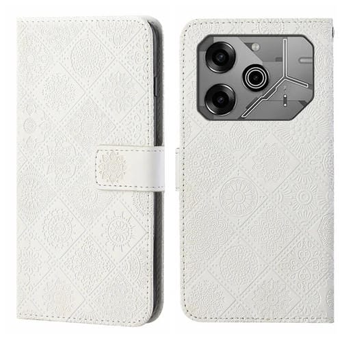 Funda de Cuero con Patrón en Relieve Estilo Étnico para Tecno Pova 6/6 Pro (Blanco)