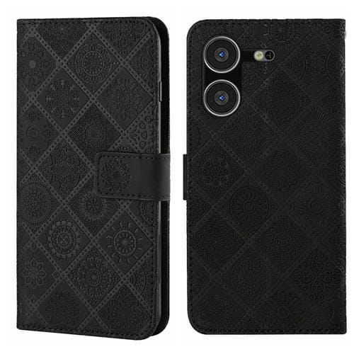 Funda de Cuero para Tecno Pova 5 con Patrón en Relieve Estilo Étnico (Negro)