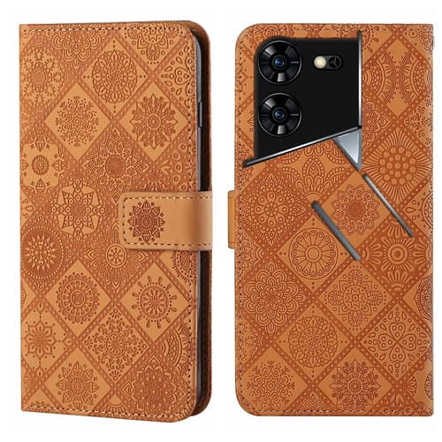 Funda de Cuero para Tecno Pova 5 Pro con Patrón En Relieve Étnico (Marrón)