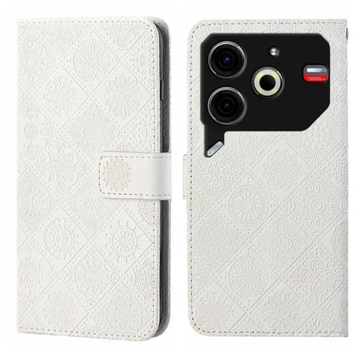 Funda de Cuero para Tecno Pova 6 Neo con Patrón en Relieve Estilo Étnico (Blanco)